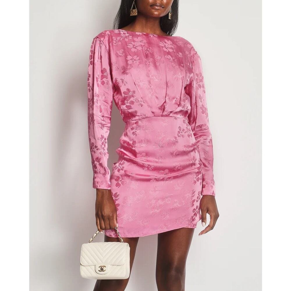 THE ATTICO FLORAL JACQUARD MINI‎ DRESS Pink Size 00 Open Back Ruched Chic Sexy